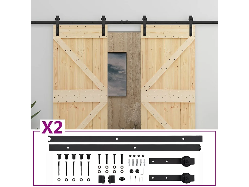 Porte coulissante et kit de quincaillerie 100x210 cm Pin massif