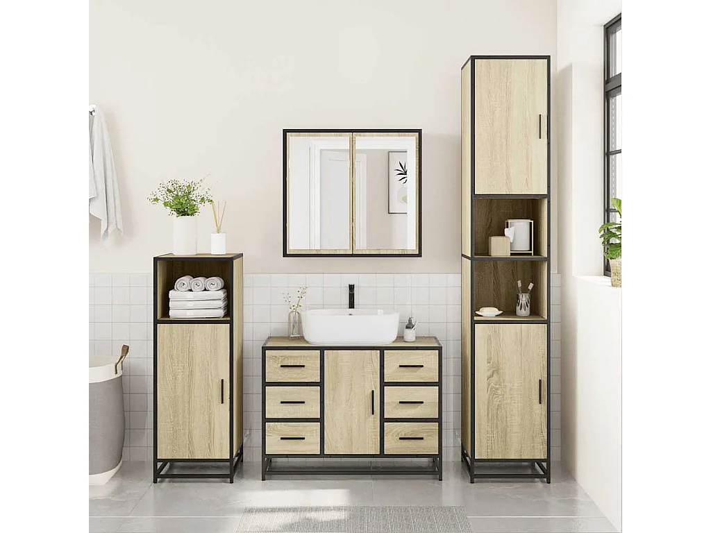Armoire lavabo de salle de bain chêne sonoma bois d'ingénierie