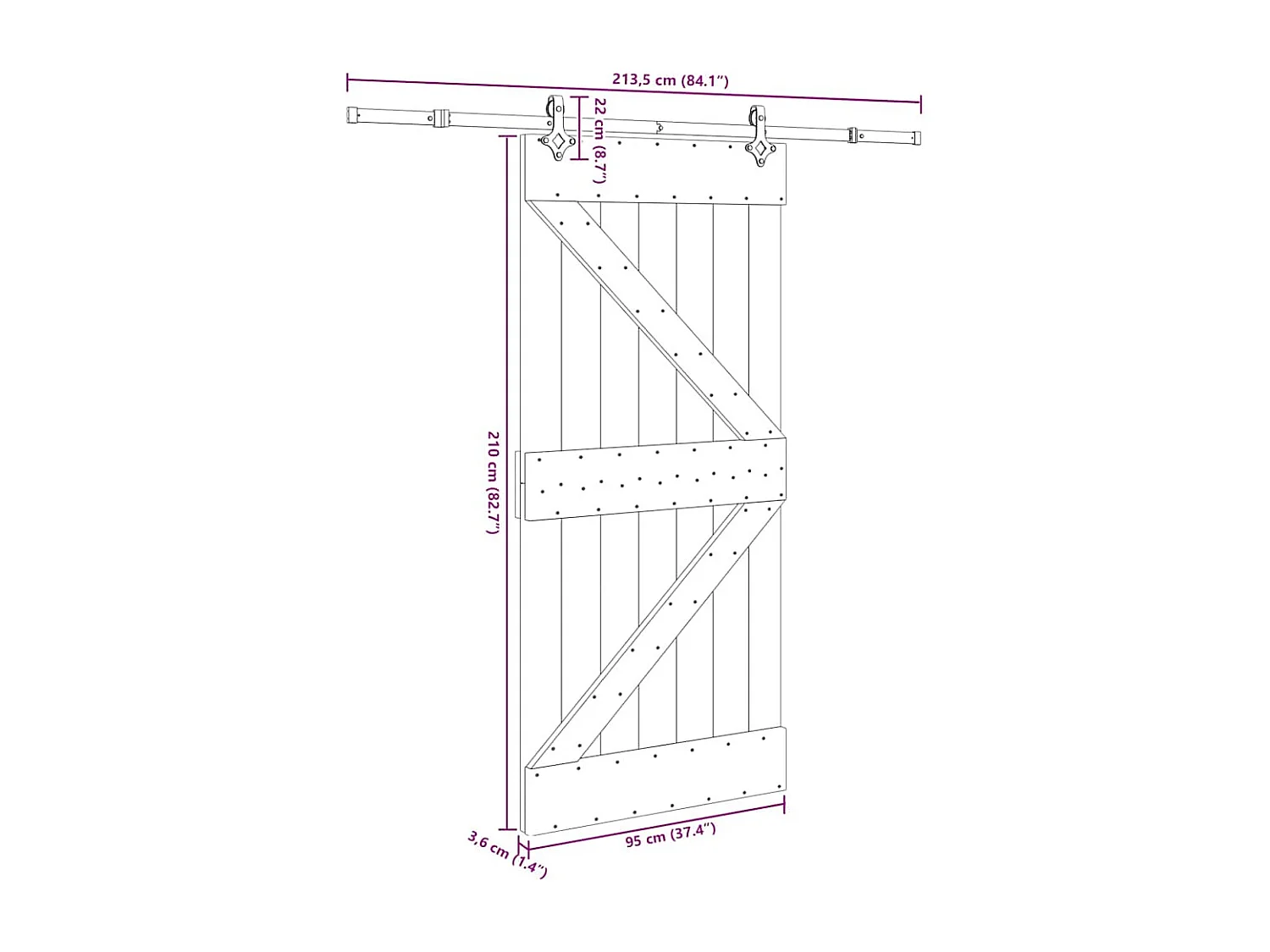 Porte coulissante et kit de quincaillerie 95x210 cm pin massif