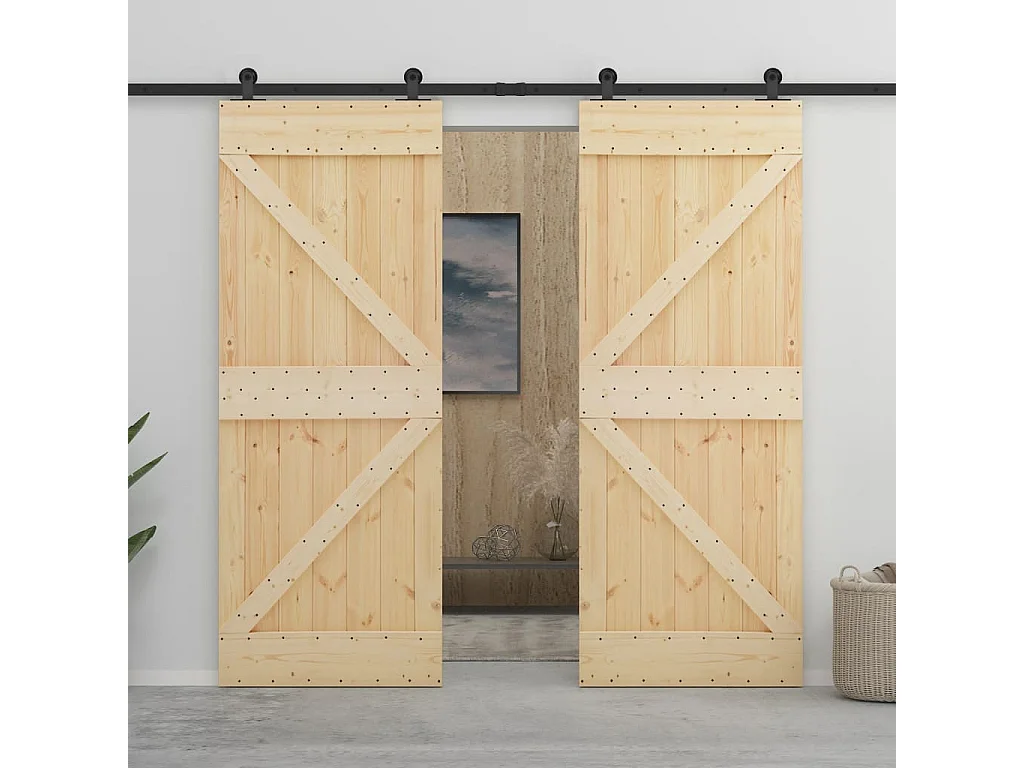 Porte coulissante avec kit de quincaillerie 80x210cm Pin massif