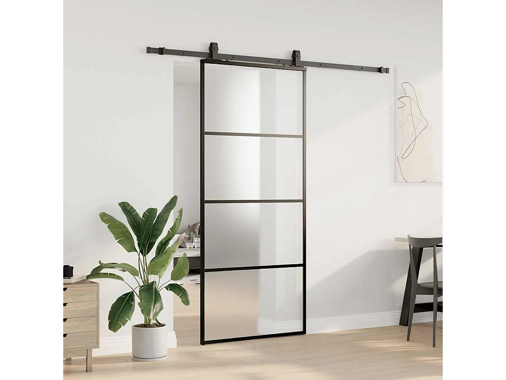 Porte coulissante kit de quincaillerie noir 90x205 cm verre ESG