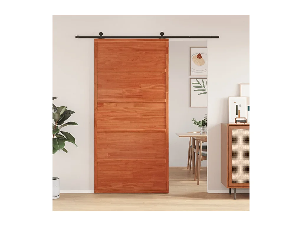 Porte de grange marron cire 100x208 cm bois massif de pin