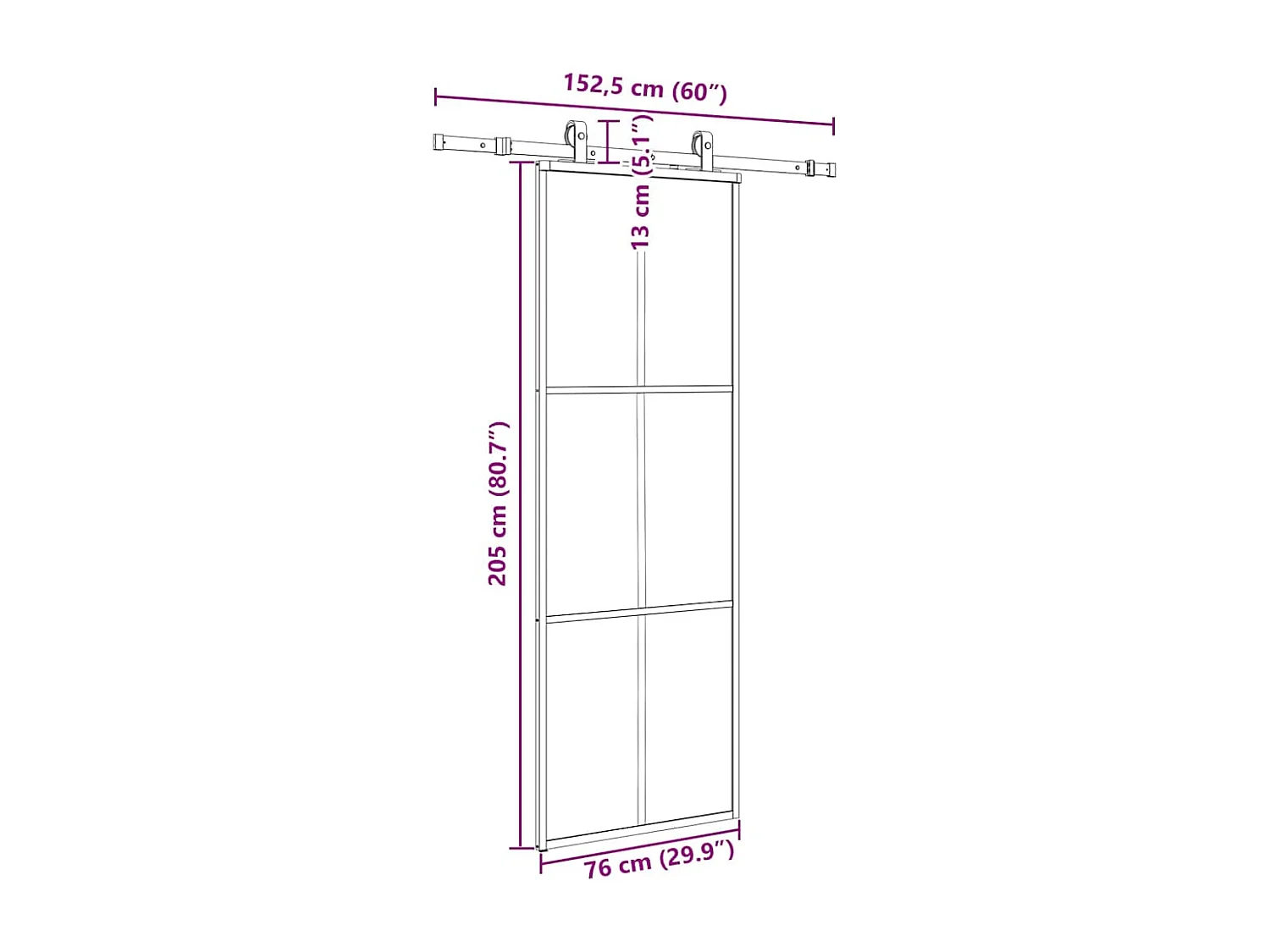 Schuifdeurbeslagset zwart 76x205 cm ESG-glas