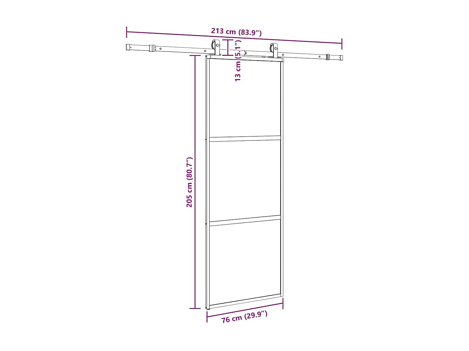 Schiebetürbeschlagsatz schwarz 76x205 cm gehärtetes Glas