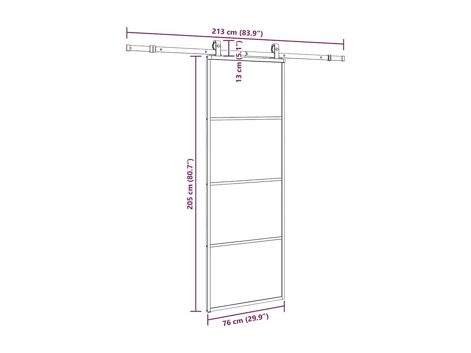 Schuifdeurbeslagset zwart 76x205 cm ESG-glas