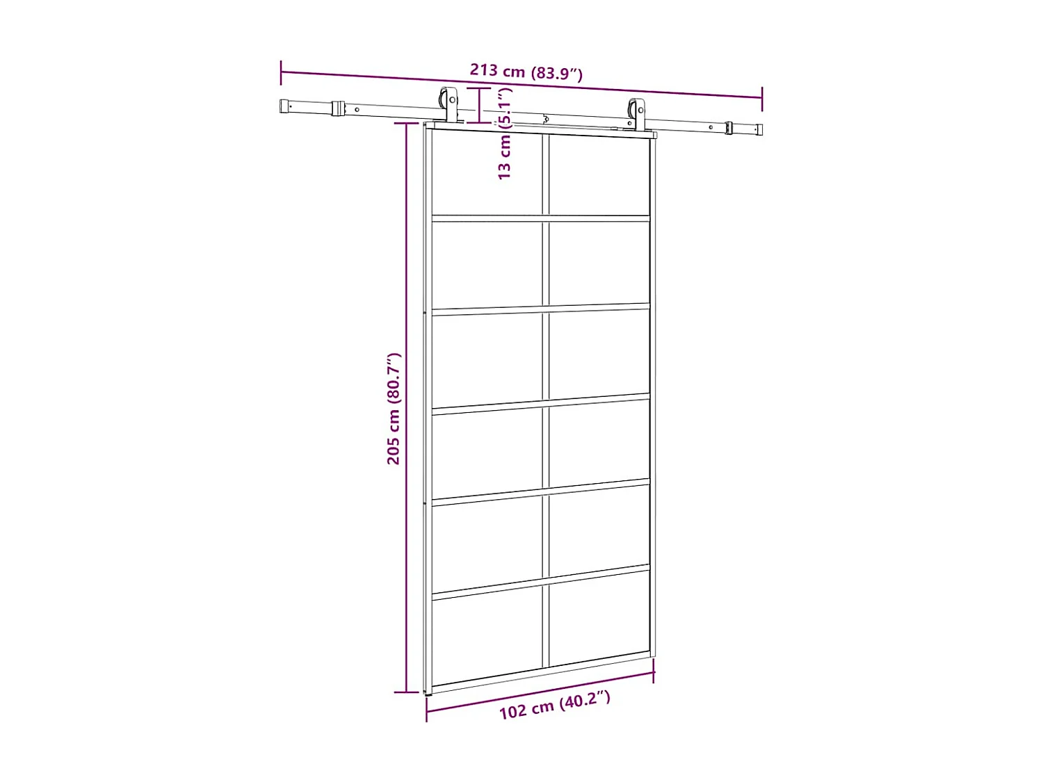 Schuifdeurbeslagset zwart 102x205cm ESG-glas
