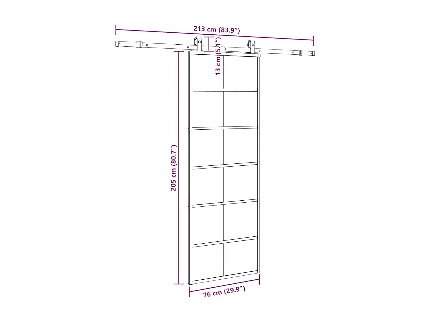 Schuifdeurbeslagset zwart 76x205 cm ESG-glas