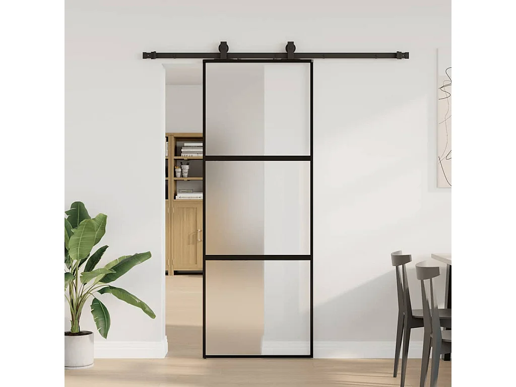 Porte coulissante kit quincaillerie noir 76x205 cm verre trempé