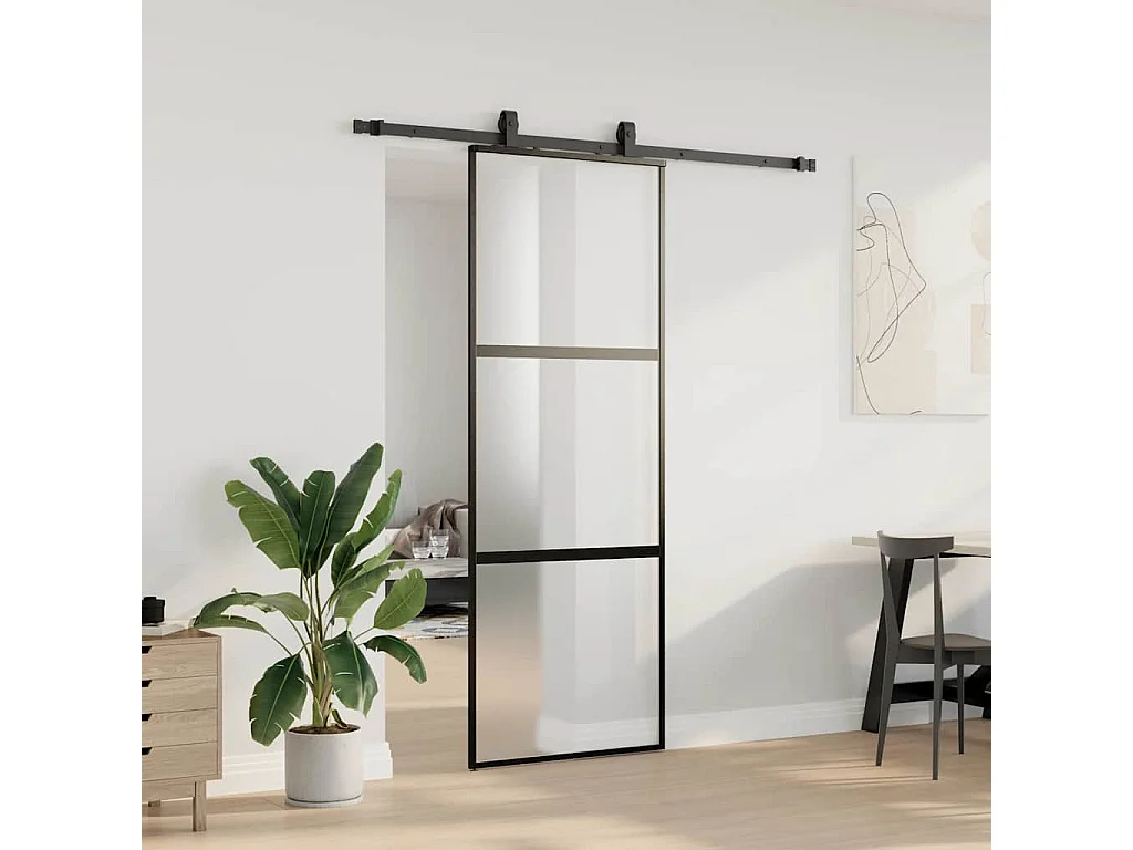 Porte coulissante kit quincaillerie noir 76x205 cm verre trempé