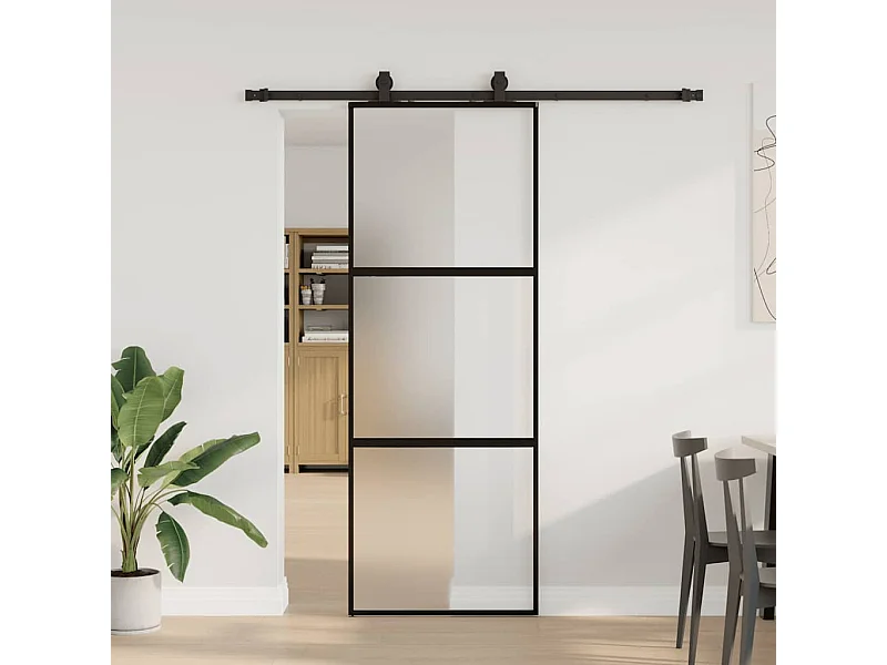 Schiebetürbeschlagsatz schwarz 76x205 cm gehärtetes Glas