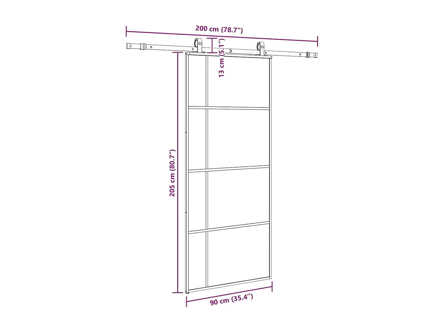 Porte coulissante kit de quincaillerie noir 90x205 cm verre ESG