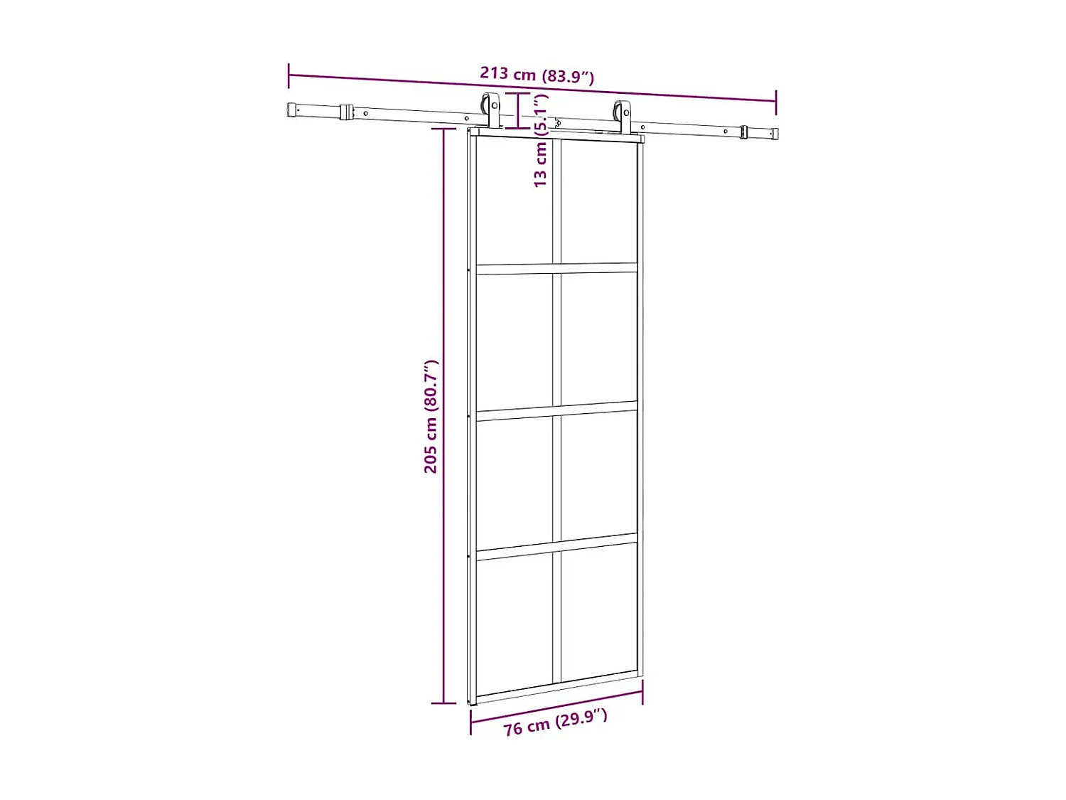 Schuifdeurbeslagset zwart 76x205 cm gehard glas