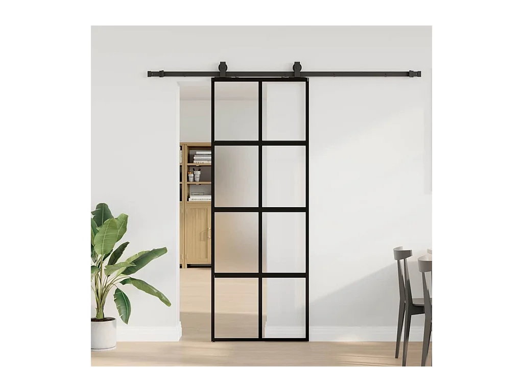 Schiebetürbeschlagsatz schwarz 76x205 cm gehärtetes Glas