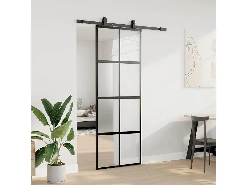 Porte coulissante kit quincaillerie noir 76x205 cm verre trempé