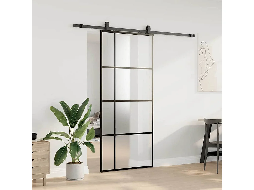 Porte coulissante kit de quincaillerie noir 90x205 cm verre ESG