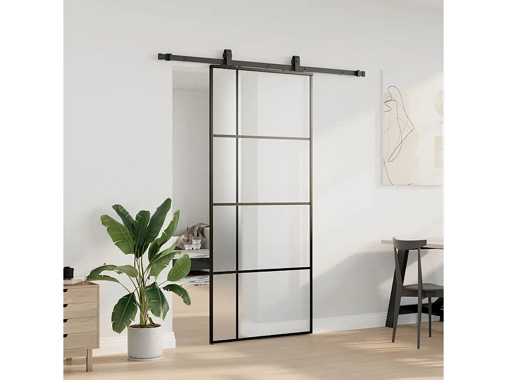 Porte coulissante kit de quincaillerie noir 90x205 cm verre ESG