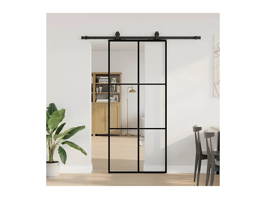 Porte coulissante kit de quincaillerie noir 90x205 cm verre ESG