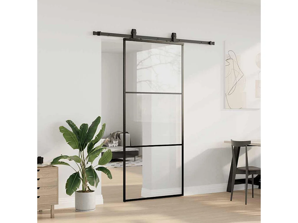 Porte coulissante kit de quincaillerie noir 90x205 cm verre ESG