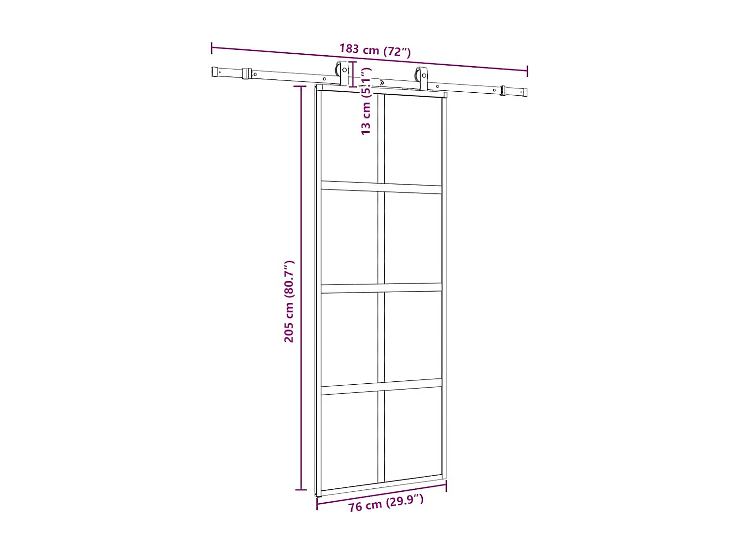 Schuifdeurbeslagset zwart 76x205 cm gehard glas