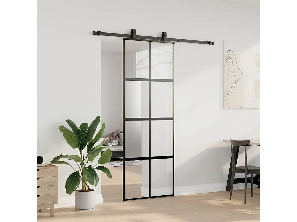 Porte coulissante kit quincaillerie noir 76x205 cm verre trempé
