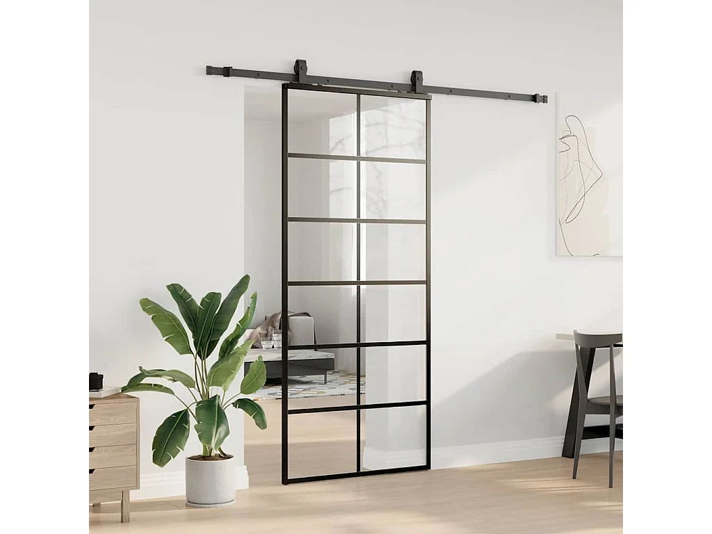 Porte coulissante kit de quincaillerie noir 90x205 cm verre ESG