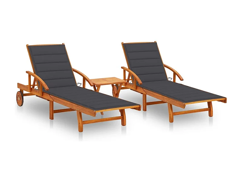 Set van 2 ligstoelen met tafel en kussens Massief acacia