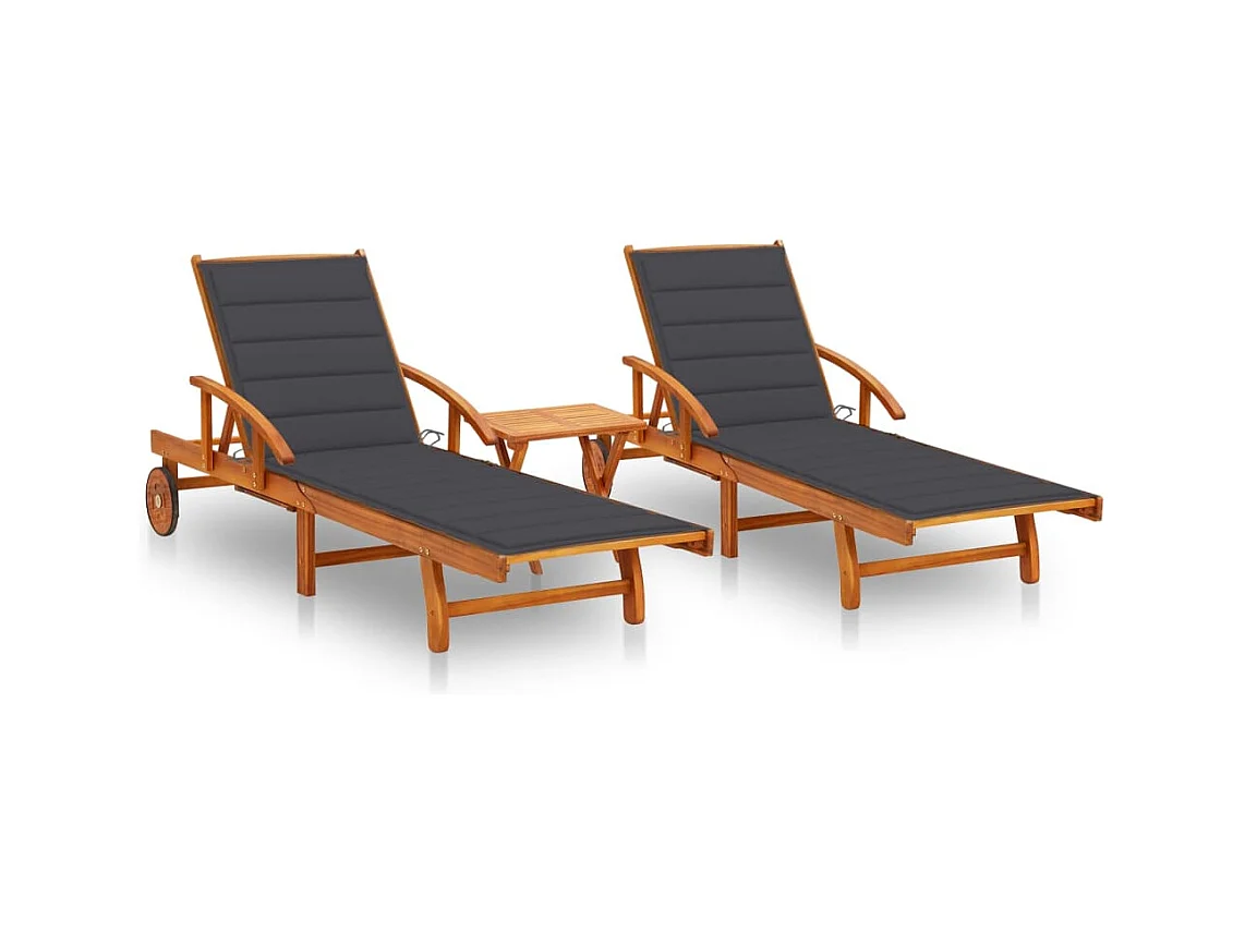 Set van 2 ligstoelen met tafel en kussens Massief acacia