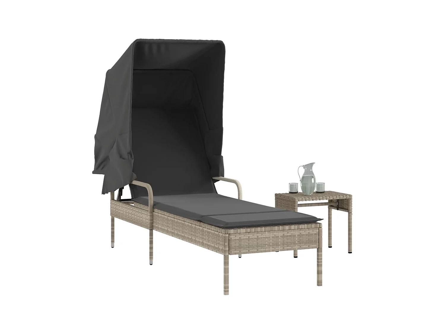 Ligstoel met zonnescherm en tafel in lichtgrijs geweven hars