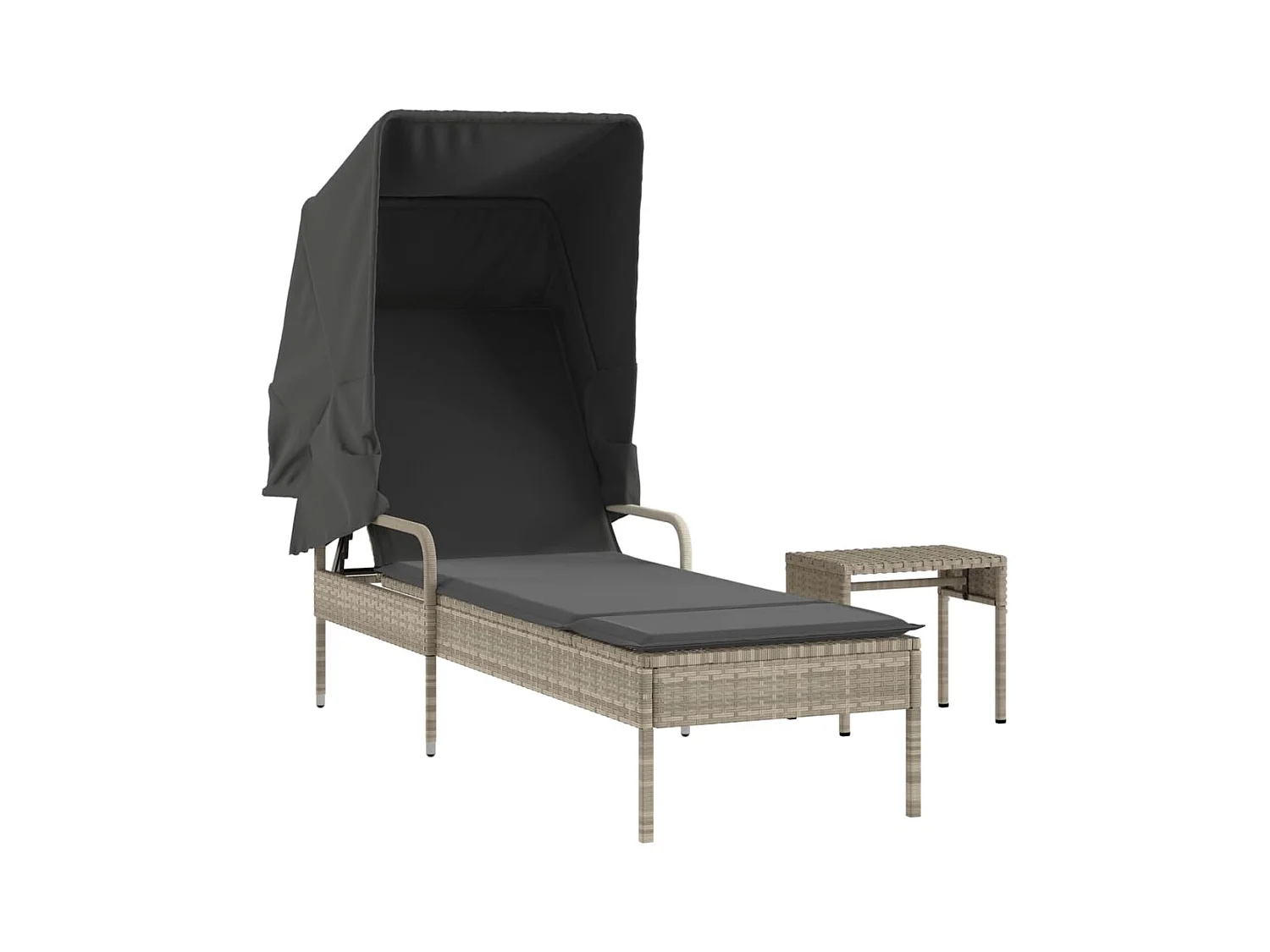 Ligstoel met zonnescherm en tafel in lichtgrijs geweven hars