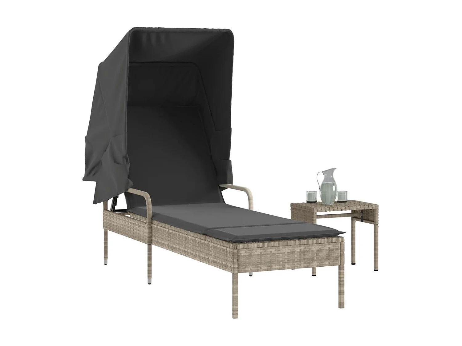 Chaise longue con tenda da sole e tavolo in resina intrecciata grigio chiaro