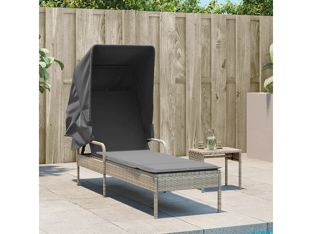 Chaise longue con tenda da sole e tavolo in resina intrecciata grigio chiaro
