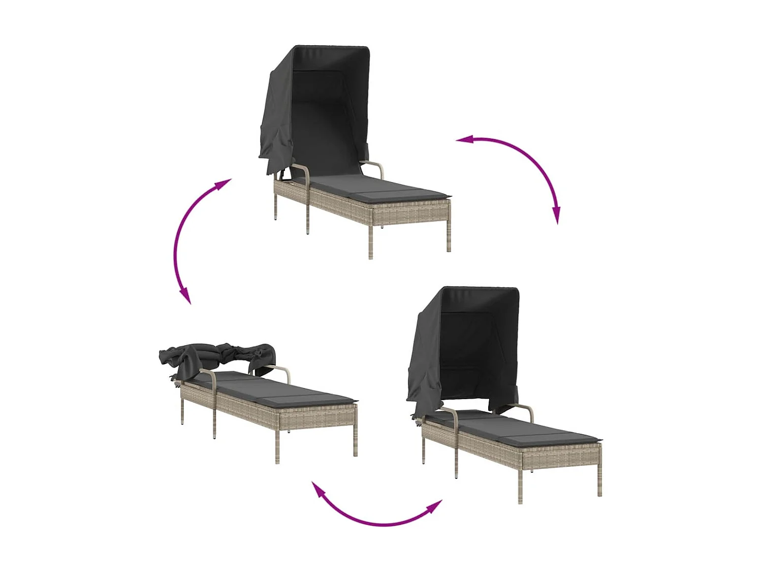 Chaise longue con tenda da sole e tavolo in resina intrecciata grigio chiaro