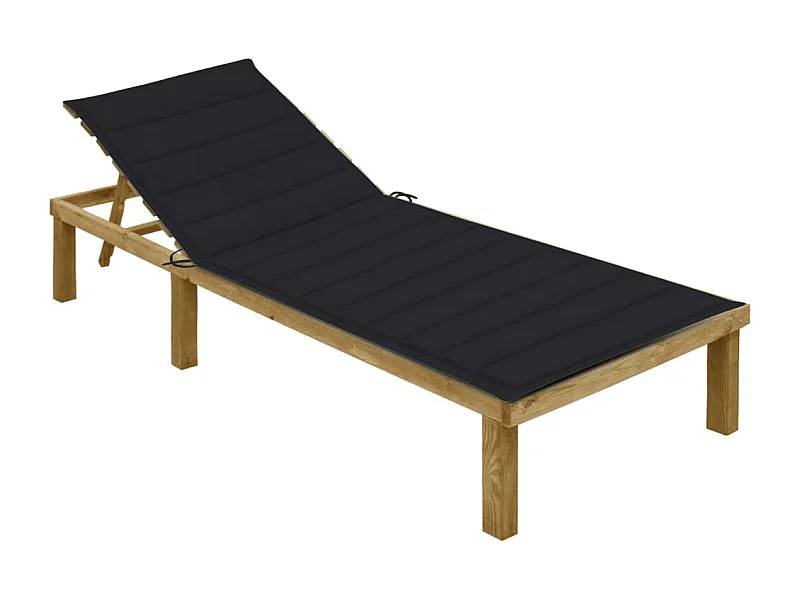 Chaise longue avec coussin noir Bois de pin imprégné