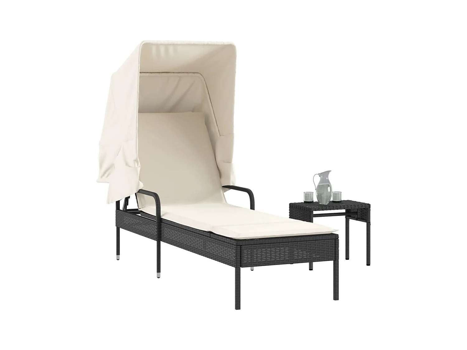 Zwarte chaise longue van kunstharsriet met luifel en tafel