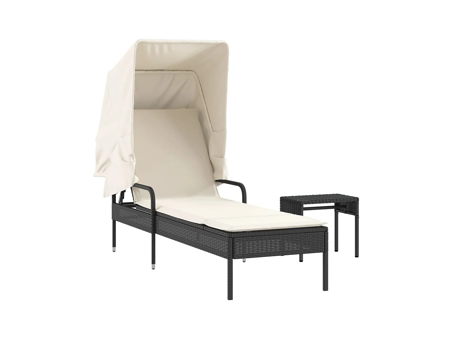 Zwarte chaise longue van kunstharsriet met luifel en tafel