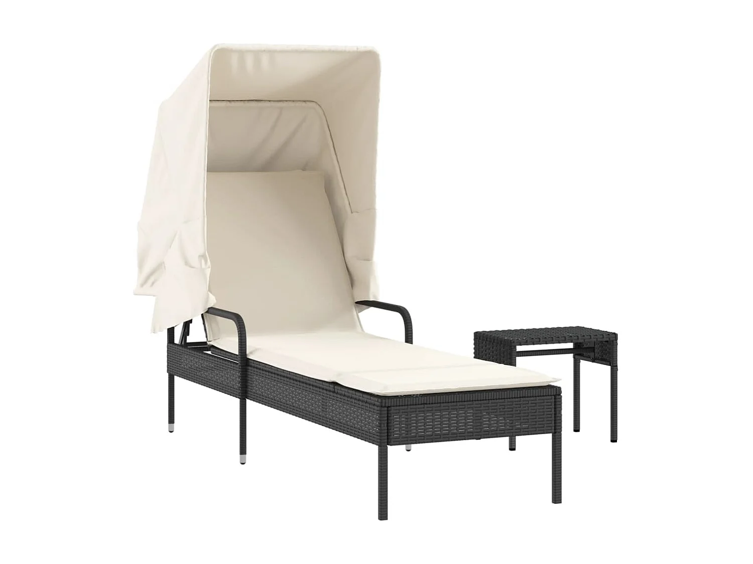 Chaise longue in vimini di resina nera con tenda da sole e tavolo
