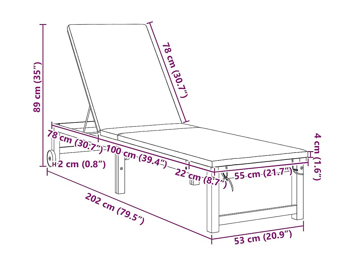 Transat 1-personne Marron 53 x 202 x 89cm Bois d'acacia massif