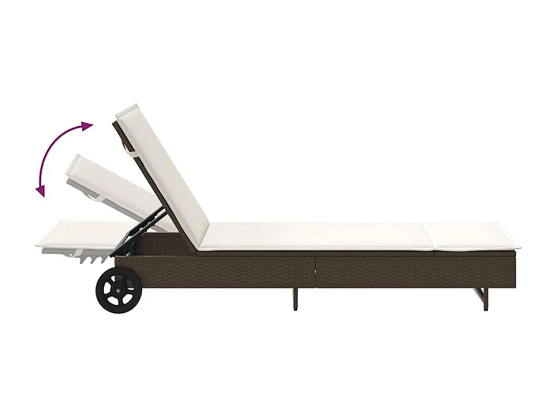 Chaise longue con ruote e cuscino in resina intrecciata marrone
