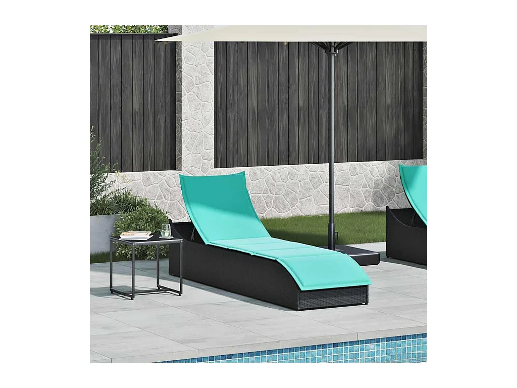 Chaise longue pliante coussin et rangement noir résine tressée