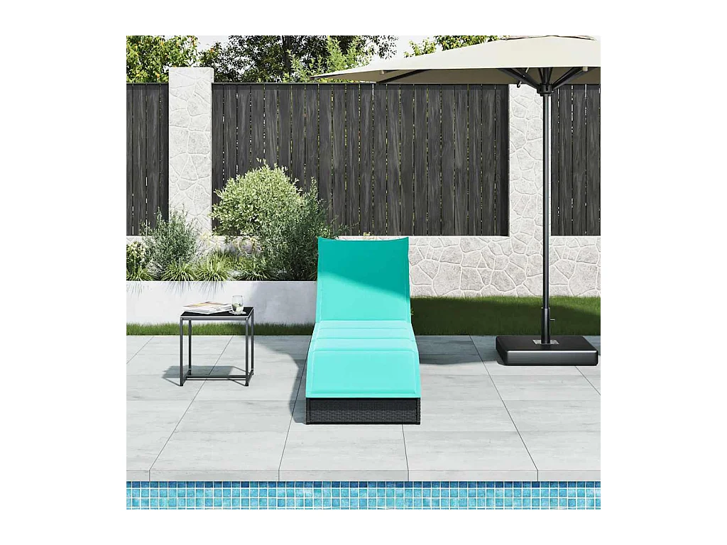 Chaise longue pliante coussin et rangement noir résine tressée