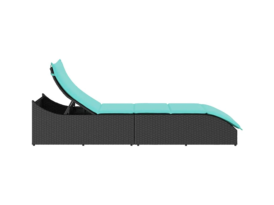 Chaise longue pliante coussin et rangement noir résine tressée