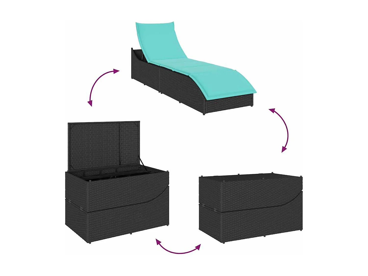 Chaise longue pliante coussin et rangement noir résine tressée