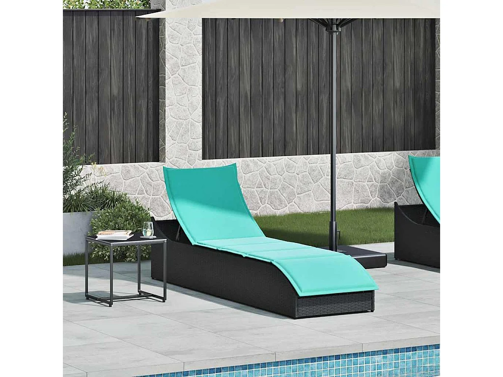 Chaise longue pliante coussin et rangement noir résine tressée