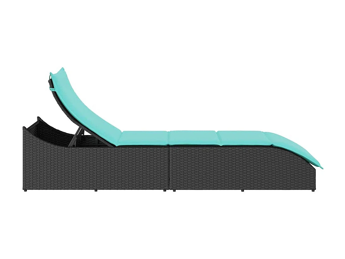 Chaise longue pliante coussin et rangement noir résine tressée