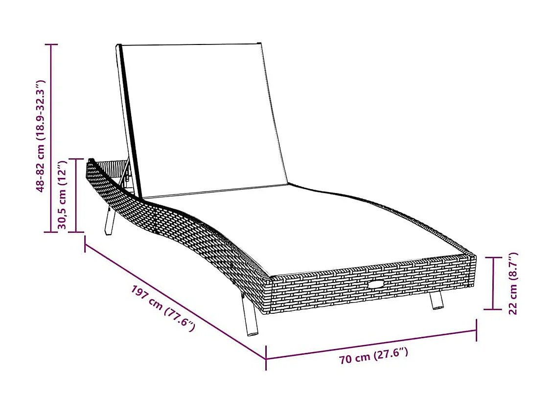 Chaise longue 70 x 197 x 82 cm Rattan sintetico, metallo
