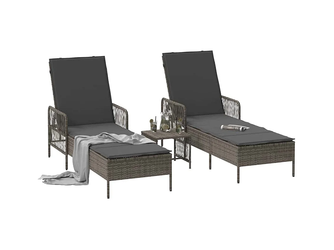 2-delige loungestoelen met kussens en tafel in grijs polyrotan