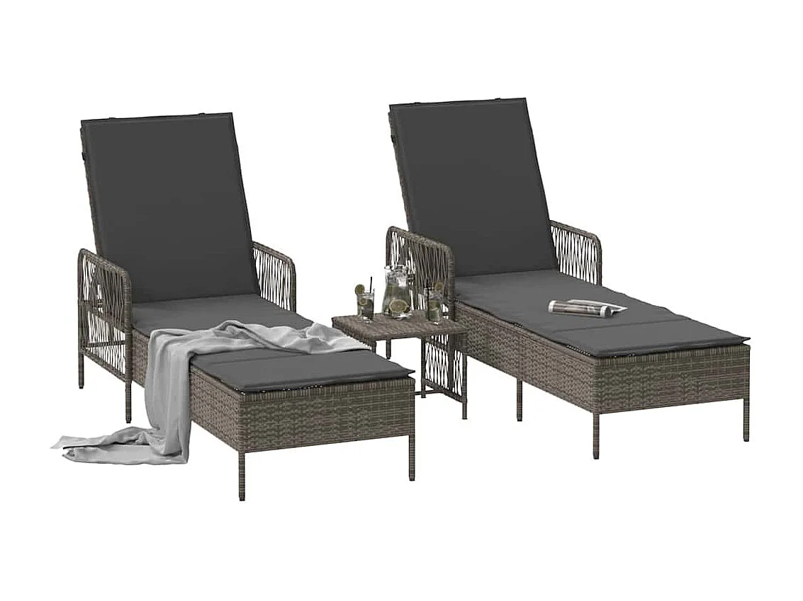 Chaises longues 2 pièces avec coussins et table en poly rattan gris