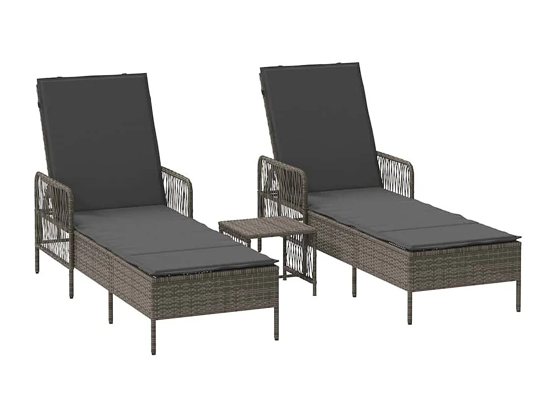 Chaises longues 2 pièces avec coussins et table en poly rattan gris