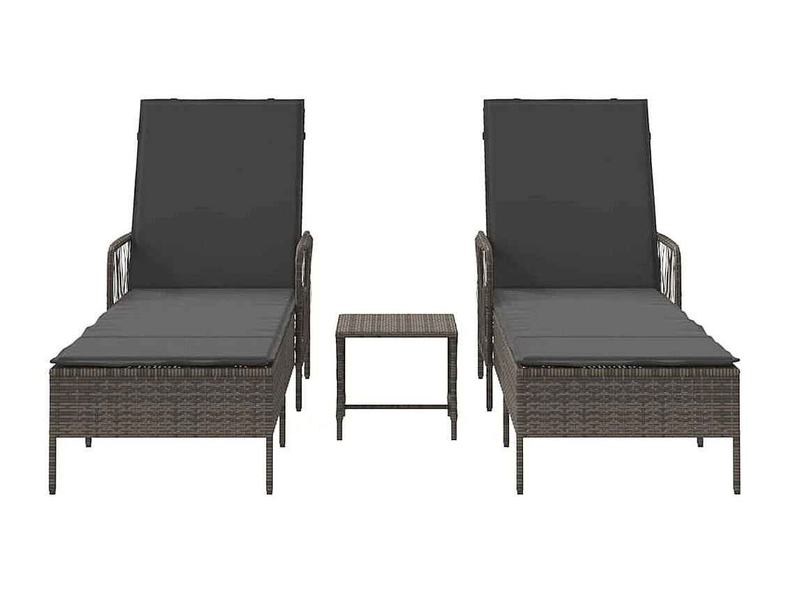 Chaises longues 2 pièces avec coussins et table en poly rattan gris