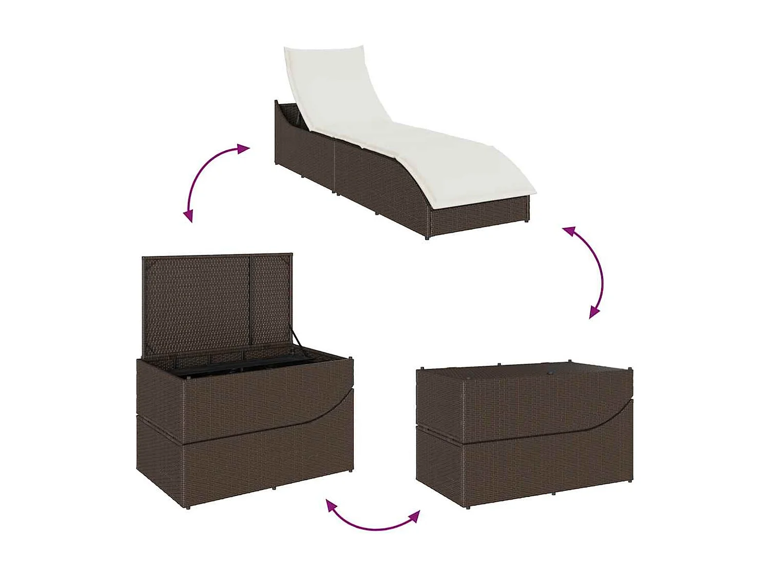 Chaise longue pliante coussin rangement marron résine tressée